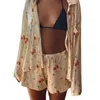 Sleepwear moda y2k 2 peças pama para mulheres fofas de fruta floral com manga comprida camisa lateral lateral shorts roupas