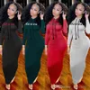 Slim Fit Dress for Women Autumn Winter New Fashion Letter tryckt långärmad huva veckade klädklänningar Lång kjol 3xl