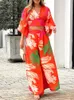 Women's Two Piece Pants European and American Women's Print Casual Suit V-neck Lantern Sleeve Short Top High Waist Wide Leg Pants Two Piece Set 230927