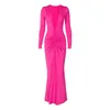 Casual Dresses Women's Fashion Sexy V Neck Slim Fit Pleated Solid Color Long Sleeve Dress Dressy