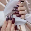 False Nails Wine Red Sparkling Pink Mid Length Square Head Net Bride Pography Durable Wearable Nail Finished Product