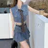 Work Dresses Summer American Vintage Jeans Crop Vest Short Skirt 2 Piece Woman Outfit 2023 High Waist Casual Denim Tops Skirts Set