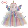 Flickans klänningar Baby Girls Unicorn Tutu Dress Pastell Rainbow Princess Girls Birthday Party Dress Children Halloween Unicorn Perform Costume 230927