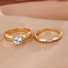 Wedding Rings 1 Pair Chic Rhinestone Embedded Love Heart Couple Ring Golden/Silver Color Elegant Fashion Jewelry