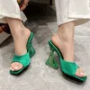 Kapcie Summer Green Buty damskie kapcie jedwabisty szeroki pasek przezroczyste dziwne wysokie obcasy wygodne pu skórzane sandały pompki 230926