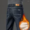 Jeans masculinos 2024 inverno quente fino engrossado estiramento lã reta lã preto azul negócios casual moda calças