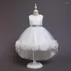 Flickaklänningar Flower Gril Dress Trail Princess Mesh Fluffy kjol Show Performance Sequin Children's Grils Ball Gown Wedding Party Party