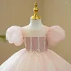 Robes de fille rose doux junior demoiselle d'honneur princesse manches bouffantes perles arc filles robes d'anniversaire 2023 robe de bal robe de fleur en dentelle