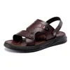 Sandals Men's Genuine Leather Pure Cowhide Summer Waterproof Slip-on Dad Driving Dual-Use Soft-soled Male Beach Shoes