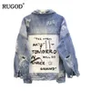 RUGOD New Vintage Letter Print Frayed Jean Jacket Women Autumn Winter Ripped Hole Denim Coat Female Bomber Casaco