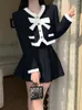 ワークドレスピンクのプリーツスカートミニボウコントラストラペルパフ半袖シャツ女性サマークロップトップ2ピースセット2023