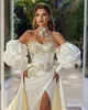 Elegant Puff Sleeves Mermaid Wedding Dresses Side Split Sexy Satin Long Bridal Gowns With Detachable Train Lace Appliques Bride Second Reception Dress