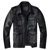 Veste classique en cuir de vache pur pour hommes, multi-poches, Style moto d'hiver, grande taille