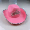 Basker WZCX Rhinestone Feather Pink Cowgirl Hat Holiday Costume Paljetter Bred Brim Women Girl Fashion Cowboy Cap Party