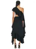 Casual Dresses Sexy One Shoulder Asymmetric Ruffled Dress Women Elegant Black Slanted Cut Out Ruffle Draped Midi Slim Party Club