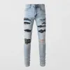 Herr jeans street mode män retro ljus blå elastisk stretch mager rippad läder lapped designer hip hop varumärke byxor