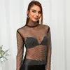 Damen-T-Shirts Leqoel Sexy Diamonds Durchsichtige Langarm-T-Shirts für Frauen Fishnet Mesh Sheer Crop Top Mock Neck Tops Tee