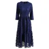 Robes décontractées XXL Party Robe élégante 2023 Automne Hiver Style Femmes Allover Exquise Broderie Perles Déco 3/4 Manches Mi-mollet Bleu