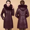 Women's Leather Faux Leather Winter Mother's Thicken Black PU leather Jacket 6XL Women's Fur collar Hooded Parkas Overcoat Long Cotton Faux leather Jackets 230927