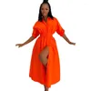 Etnische kleding Sexy dames maxi-jurk met split, casual gewaad, lange mouw, Afrikaans oranje reversknoopoverhemd herfst 2023 losse elegante kleding 2XL