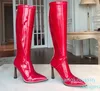 modedesigner kvinnor patent läder stövlar pekade hög kel knä höga stövlar glid på riddare stövlar motorcykel stövel med