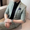 Men's Suits 2023 Summer Fashion Plaid Half Sleeve Blazer Pant Slim Fit 2-Piece High Quality Men Formal Office Party Casual Tuxedo