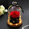 Couronnes de fleurs décoratives, décoration de maison, cadeaux de fête de mariage, vraie fleur dans un dôme de verre sur Base en bois pour la saint-valentin LED Ro267T