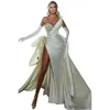 Charmoso Side Slit Sereia Vestidos de Casamento Com Trem Destacável Frisado Querida Pescoço Sem Mangas Longo Cetim Vestidos De Noiva Sexy Noiva Segundo Vestido de Recepção