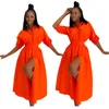 Etnische kleding Sexy dames maxi-jurk met split, casual gewaad, lange mouw, Afrikaans oranje reversknoopoverhemd herfst 2023 losse elegante kleding 2XL