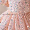 Vestidos da menina sparkly glitter rosa flores meninas o-pescoço mangas curtas vestidos de baile a linha 2023 crianças vestido de festa de aniversário