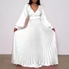 エスニック服2023秋のアフリカのプリーツマキシローブフェムVネックドレス女性用長袖伝統的なアバヤイスラム教徒
