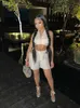 Women's Tracksuits WLWXR Summer Casual 2 Two Peice Set Outfits Women Backless Bandage Bodycon Crop Top Skinny Hollow Out Zipper Biker Shorts