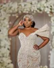 2023 OKT ARABIC ASO EBI Plus Size Champagne Mermaid Wedding Dress Beaded Paljett spets brudklänningar klänningar ZJ254