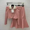 Autumn Pink Brooch Two Piece Dress Sets Long Sleeve Lapel Neck Double-Breasted Coat & High Waist Mermaid Mid-Calf Skirt Suits Set Two Piece Suits B3G212251