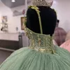 Nette Prinzessin Mintgrün Glänzendes Ballkleid Quinceanera Kleider Schulterfrei Applikationen Perlen Luxus Korsett Vestidos De 15 Jahre