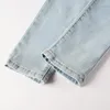 Herr jeans street mode män retro ljus blå elastisk stretch mager rippad läder lapped designer hip hop varumärke byxor