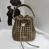 Evening Bags Women Woven Bag High Quality Lady Shoulder Drawstring Bucket Brand Designer Genuine Leather Handbag