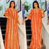 Ethnic Clothing Autumn Elegant 2023 Short Sleeve V-neck Orange Green Long Dress Muslim Fashion Abaya African Dresses For Women