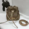 Evening Bags Women Woven Bag High Quality Lady Shoulder Drawstring Bucket Brand Designer Genuine Leather Handbag