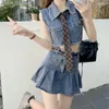 Work Dresses Summer American Vintage Jeans Crop Vest Short Skirt 2 Piece Woman Outfit 2023 High Waist Casual Denim Tops Skirts Set