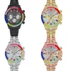 Montre hip hop couleur diamant pour hommes, grand cadran, ceinture en acier, plein de diamants, chronographe à quartz doré, cadeau de vacances 266c