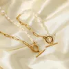 Collana con bracciale in acciaio inossidabile placcato oro 18 carati con catena a maglia per donna Mezza perla d'acqua dolce OT Girocolli con fibbia a bastone Jewelry292D