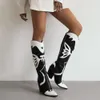 Botas Moda Borboleta Cowgirl Chunky Mulheres Botas Vintage Bordado Preto Branco Fada Ocidental Joelho Alto 230926