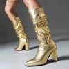 Botas de ouro prata salto alto botas longas mulheres sexy dedo apontado joelho botas altas mulher plus size 42 deslizamento-on plissado botas de couro pu t230927
