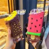 New Summer Cute Donut Ice Cream Water Bottle With Straw Creative Square Watermelon Cup Portable Leakproof Tritan Bottle BPA 2836