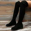 Bottes Mode mince sur le genou bottes femmes automne hiver court en peluche bottes longues femme noir troupeau talon bas cuisse haute Botas grande taille T230927