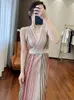 Casual Dresses Italian Style Knitting Bright Silk One Piece 2023 Spring Summer Bodycon Color Stripe Sleeveless V-neck Women's Clothing