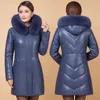 Women's Leather Faux Leather Winter Mother's Thicken Black PU leather Jacket 6XL Women's Fur collar Hooded Parkas Overcoat Long Cotton Faux leather Jackets 230927