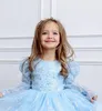 Robes de fille bleu brillant perles fleur gonflée Tulle avec nœud fête d'anniversaire de mariage à manches longues Pageant princesse robe de bal