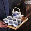 Ensembles de thé avec poignée de levage, service à thé en porcelaine, plateau verseur sec, théière bleue et blanche, tasse complète